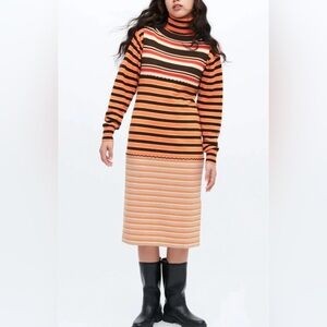 Marni Orange, Black & Cream Striped Turtleneck Knit Dress